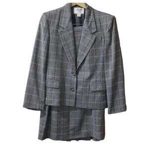 Saville Vintage 80s Gray Plaid Skirt Suit Blazer Power Dressing Academia 12